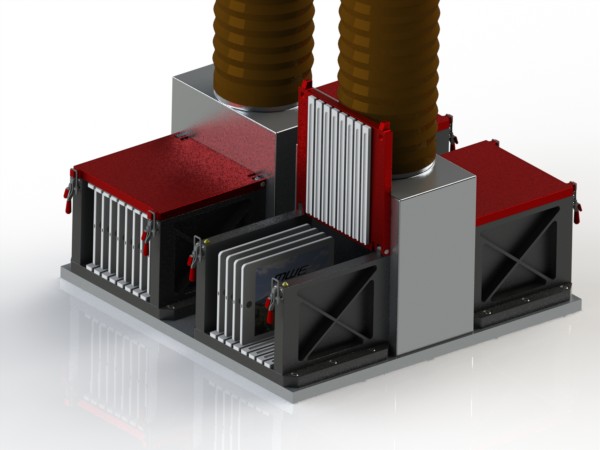 HASS Fixture designed for an iPad or Tablet style product.  Fixture holds 32 UUT in a HASS Chamber with a 30" vibration table.